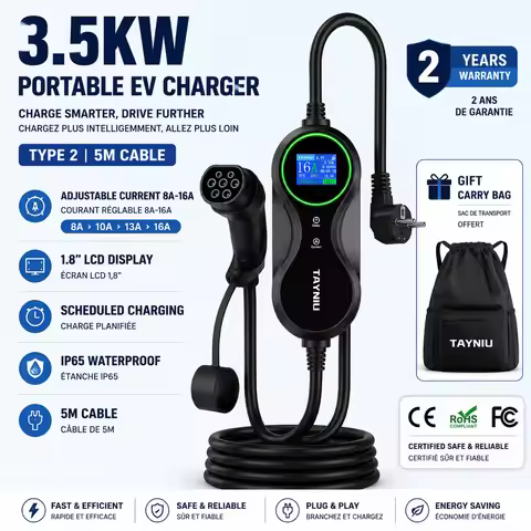 TAYNIU 3.5kW 16A Level 1 EV Charger TYPE 2 Mennekes 5m Mobile Level 1 Charging Cable for MG Renault 