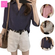 【SoftGlow SELLER】Baju Stripe Wanita Blouse Lengan 3/4 Perempuan Muslimah Blouse Labuh Longgar Kerja 