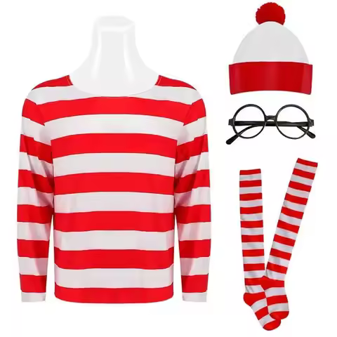 Parent-child Cartoon Where Is Wheres Waldo Striped Shirt Youth Boys Wally Costume Shirt Glasses and 