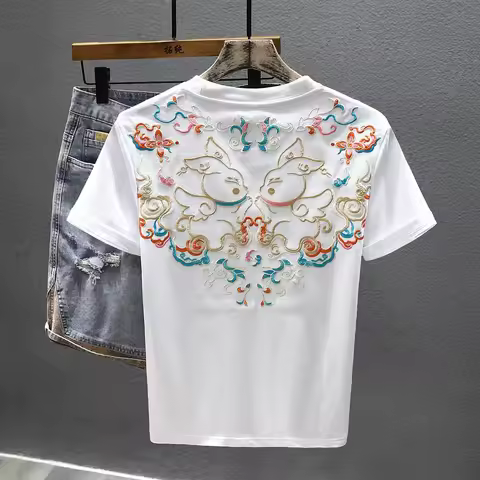 O Neck Top Man Tee Shirts Embroidery T Shirt for Men Tshirt Y2k Funny Aesthetic Clothing Basic Korea