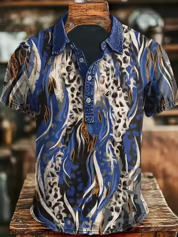 New Blue Leopard Flame 3D Printed Pattern Men's POLO Short Sleeve Cowboy Collar Casual Shirt Clothin