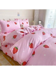 4入組棉質刷毛系列鮮印（星星、草莓、花朵）圖案寢具套裝（1個被套、1條床單、2個枕套），適用於皇后加拿大皇后雙人床，簡約舒適的INS風格，親膚舒適