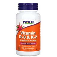 NOW Foods, Vitamin D-3 (D3) 1000IU & K-2 (K2) 45mcg 120 Vcap Bone Health, D3 & K2, D-3 & K-2 (USA)