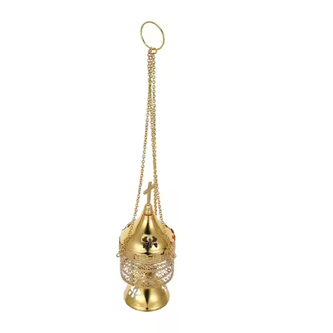 Hanging Incense Burner Censer with Chain Metal Vintage Cross Design Catholic Christian Church Ceremo