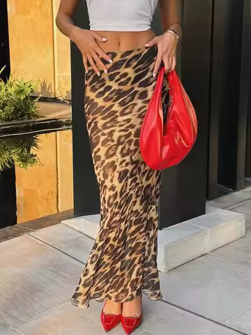 JULISSA MO Print Leopard See Through Chiffon Women Skirt High Waist Long Skirt Female Summer Skinny 