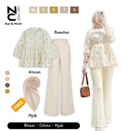 One Set Korean Style Women [Floral Blouse + Cutbray] Free Hijab Outfit Blouse Motif NC0036