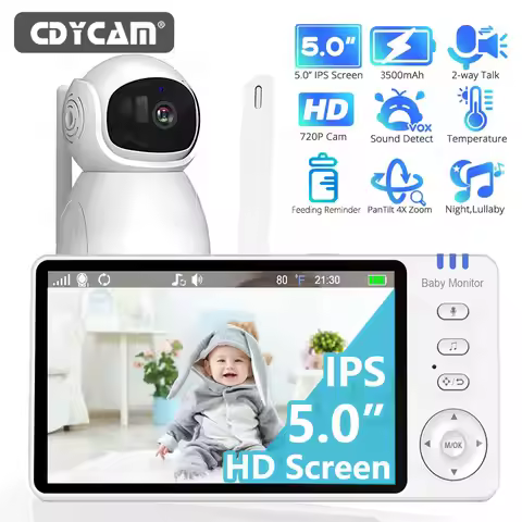 5''IPS Screen Video Baby Monitor Pan-Tilt-Zoom Camera Electronic Babysitter 2-Way Talk Night Vision