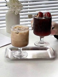 1只時尚玻璃杯,垂直條紋設計,適用於飲咖啡、果汁、冰淇淋、優格、氣泡水