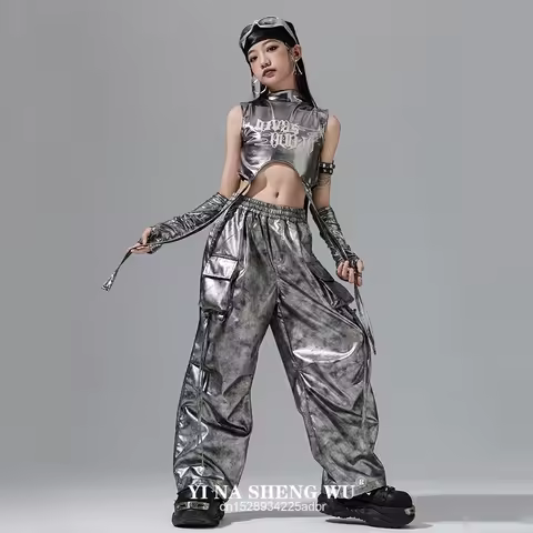 Silver Jazz Clothes Hip Hop Dance Outfits Girls Child Kpop Performance Costume Kids Catwalk Concert 