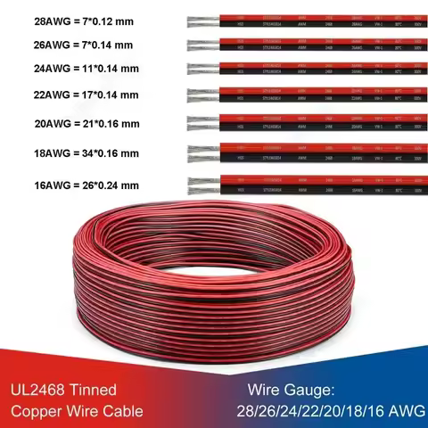UL2468 2 Pin Electrical Wires 28/26/24/22/20/18 AWG Red Black Flat Ribbon Cable Speaker Wire For LED