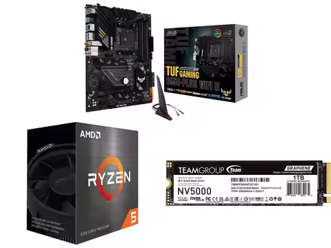 ASUS TUF GAMING B550-PLUS WIFI II AM4 ATX Motherboard, AMD Ryzen 5 5500 6-Core 3.6 GHz CPU, Team Gro