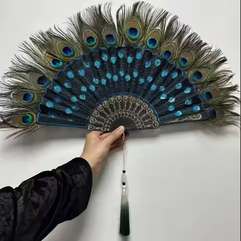 Length: about 35cm Large Peacock Fur Fan 9 Colors 65cm Cheongsam Show Live Fan Gothic Dance Hand Fan