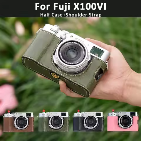 For Fujifilm X100VI Fuji X100VI Camera Half Case Man-made Leather Bottom Open with Shoulder Strap Ca