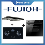 FUJIOH FR-MS1990R 90CM SLIMLINE HOOD + FUJIOH FH-GS5530 SVGL (LPG) / FH-GS6530 SVGL (PUB) 3 BURNER GLASS GAS HOB + FUJIOH FV-EL61 70L MULTIFUNCTION BUILT-IN OVEN