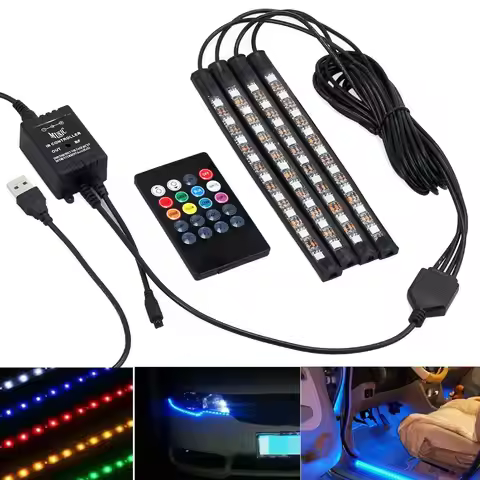 4X DC12V 9 LED RGB Car Interior Atmosphere Footwell Strip Light USB
