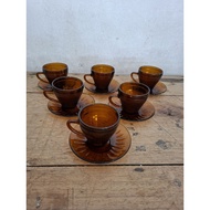 1 set of brown glass saucer cups 6 cups 6 saucers