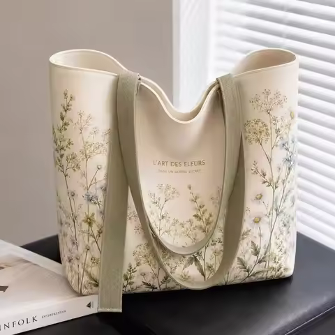 New Cotton Canvas Canvas Tote Bag Durable Lightweight Carry Bag Green Daisy Print Travel Bag Shoppin