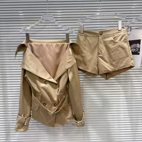 PREPOMP 2025 Autumn Double Breasted Buttons Turn Down Collar Belt Short Jacket Slim Shorts Two Piece