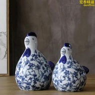 444z陶瓷雞擺件工藝品手工青花瓷仿古開片客廳樣板間對雞親子