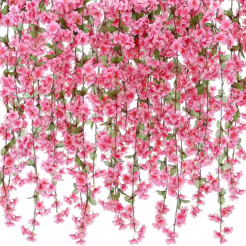 5PCS Artificial Cherry Blossom Flower Vines Bulk Faux Cherry Hanging Pink Flower Vines Silk Flowers