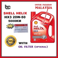 SHELL HELIX HX3 20W-50 4L ENGINE OIL / MINERAL OIL + OIL FILTER / MINYAK HITAM KERETA / PERODUA / PR