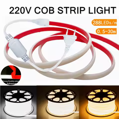 IP68 Waterproof COB LED Strip Lights 220V Adhesive Tape with EU Plug Flex Silicone Tube Lamp for Hom