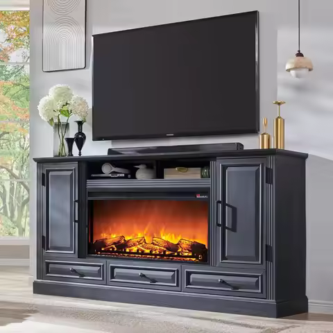 Fireplace TV Stand for 80 Inch TV, 35.7 Tall Farmhouse Entertainment Center W/36'' Electric Fireplac