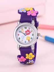 1入組兒童紫色PVC錶帶時尚蝴蝶圖案圓形錶盤石英手錶適合日常裝飾