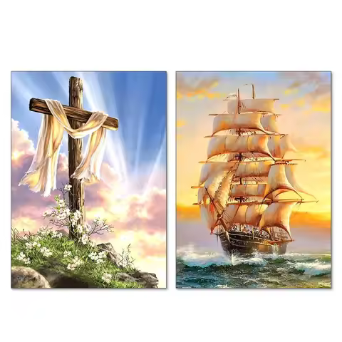 2pcs/Set Jesus Christ Religion Cross Diamond Painting Sea Sunset Sailboat Art Painting Home Decor 30
