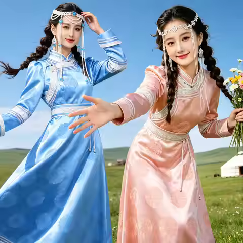 Mongolia Element Dress Ethnic Dance Costume Women Traditional Mongolian Robe Grassland Travel Photog