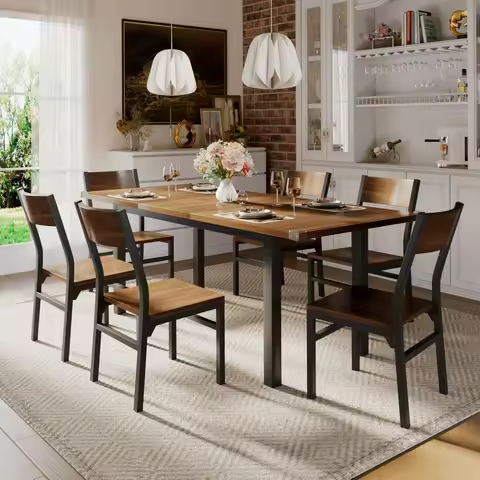 Dining Table Set, 7-Piece Dining Table Set with 6 Chairs, 63" Extendable Kitchen Table & Chairs Set,