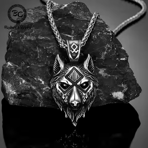 Punk Viking Wolf Necklace Men Norse Mythology Odin's Runes Geri&Freki Valknut Amulet Stainless Steel