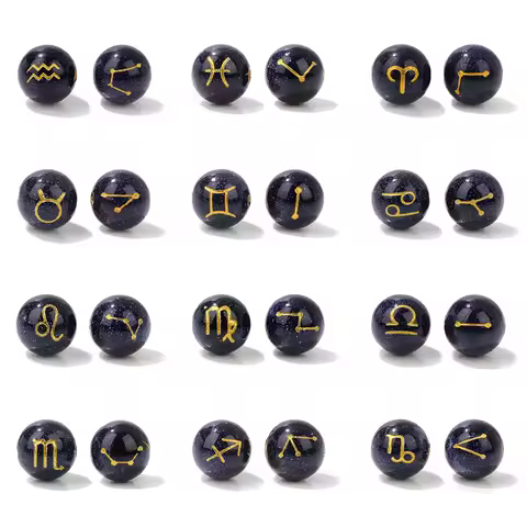 10mm 12 Constellation Beads 12 Zodiac Sign Blue Sandstone Beads Round Charms Beads For Jewelry Makin