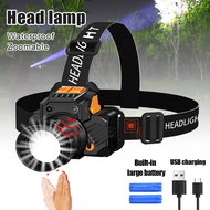 Lampu Suluh Kepala Tahan Lama Type C Rechargeable Zoom Super Bright Head lamp 3Mode Senter Kepala wi