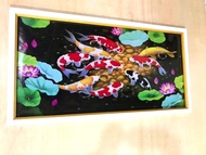 Hiasan dinding lukisan cetak gambar ikan koi fengshui plus bingkai 100x50cm