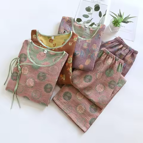 2024 Chinese Pajama Women‘s Cotton Gauze Jacquard Seven-point Sleeve Retro Home Service Suit Spring 