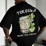 Plus Size Men's Short Sleeve T-Shirt With Funny "Tequila Is Cheaper Than Therapy" Design, Casual Sum
