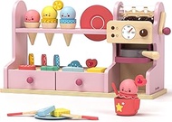 42 PCS Wooden Ice Cream Counter Play Set Toy Wooden Toy 3 in 1 Coffee Dessert Maker Toy Playet,Pretend Play Food Kitchen Accessories,Montessori Shape Sorter Toy for Girl and Boy