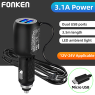 FONKEN Mini Micro USB Car Charger 3.5m 12V-24V 3.1A with 2 USB Ports for Car DVR Driving Recorder GPS Video Recorder, Navigator Power Cable QC3.0 Input DC