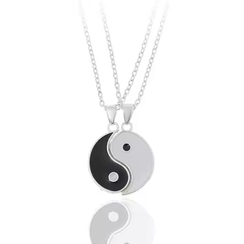 2Pcs Tai Chi Yin Yang Eight Trigrams Pendant Necklaces Set for Couple Silver Color Chain Matching Lo