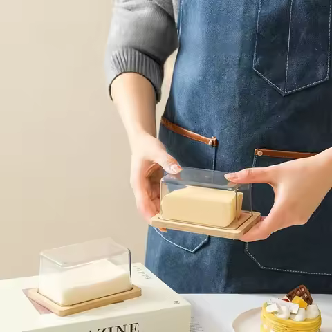 Countertop Bamboo Butter Dish Plate with Transparent Acrylic Lid Nordic Kitchen Storage Butter Conta