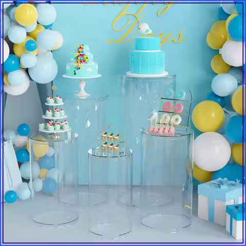 5Pcs Clear Cylinder Pedestal Stands PVC Display Plinth Pillars for Party Wedding Birthday Event