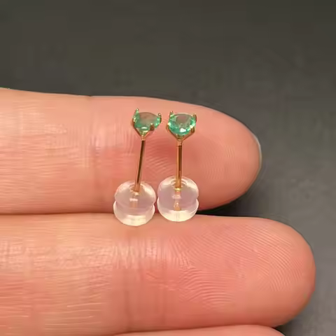 18K Yellow Gold Colombia Emerald Earrings 3mm Total 0.2ct Natural Emerald Gold Stud Earrings with Ce