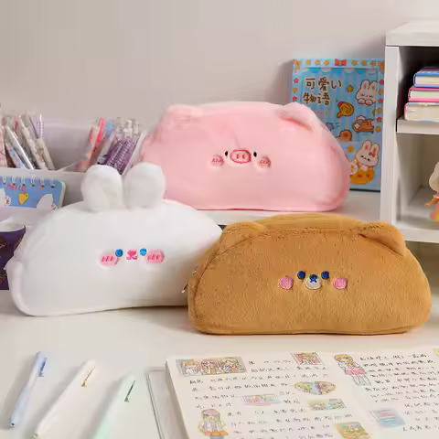 Korean Cartoon Piggy Plush Pen Bag Student Large Capacity Pencil Storage Bags Girl Stationery Storag