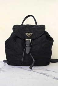 絕版古董包 Prada 黑藍外縫格紋流蘇雙肩包 後背包 中古包 二手包