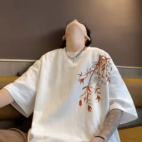 Men's Oversized T-shirts Mens Cotton T Shirt White 5XL Casual Summer Wear Fashion Bamboo Print Tee S