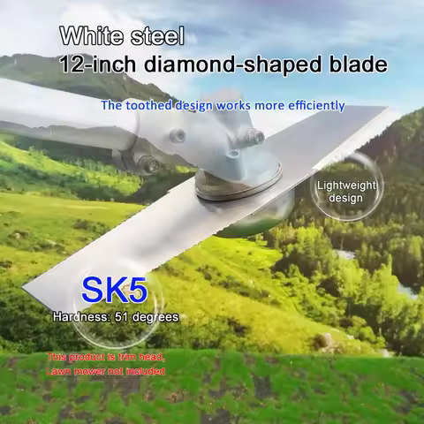 12-Inch White Diamond-Shaped Brush Cutter Blade with Teeth, Includes 2 Accessories, Mounting Holes 1