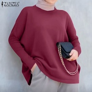 ZANZEA เสื้อสเวตเชิ้ตสำหรับผู้หญิง,เสื้อสเวตเชิ้ตมุสลิมเสื้อสวมศีรษะคอกลมแขนยาวเสื้อถักพื้นลำลอง