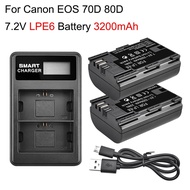 2X 3200mAh LP E6 LPE6 LP-E6 E6N Baery   LED Dual Charger For Canon EOS 5DS R 5D Mark II 5D Mark III 6D 7D 70D 80D Camera