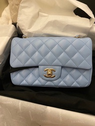 BRAND NEW Chanel 2022 mini flap 20cm CF classic flap bag 淡金釦 Baby Blue